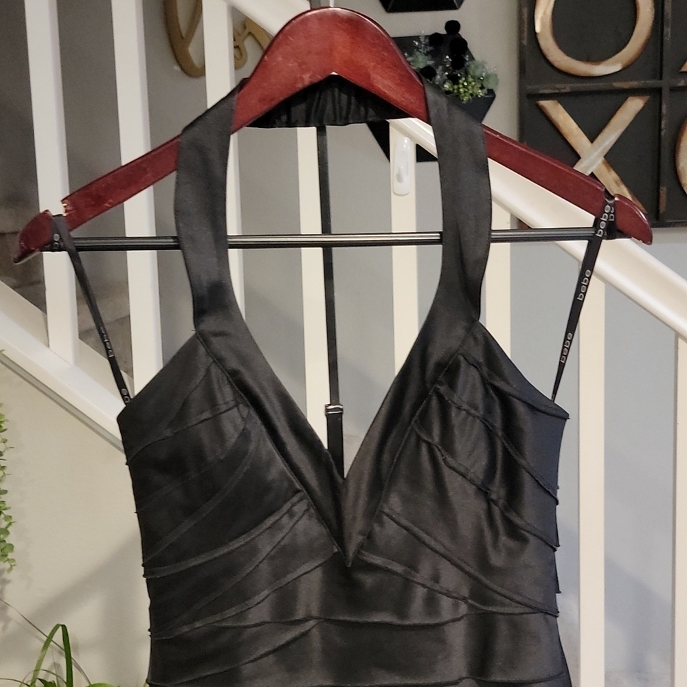 Bebe Black Bandage Halter Bodycon Dress Plunging V Neck Mini XS - Picture 5 of 9